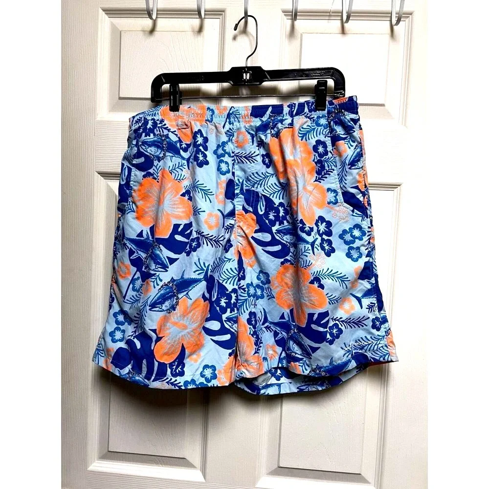 Columbia PFG Mens Large Blue Orange Floral Marlin Swim Trunks‎ Fishing Shorts